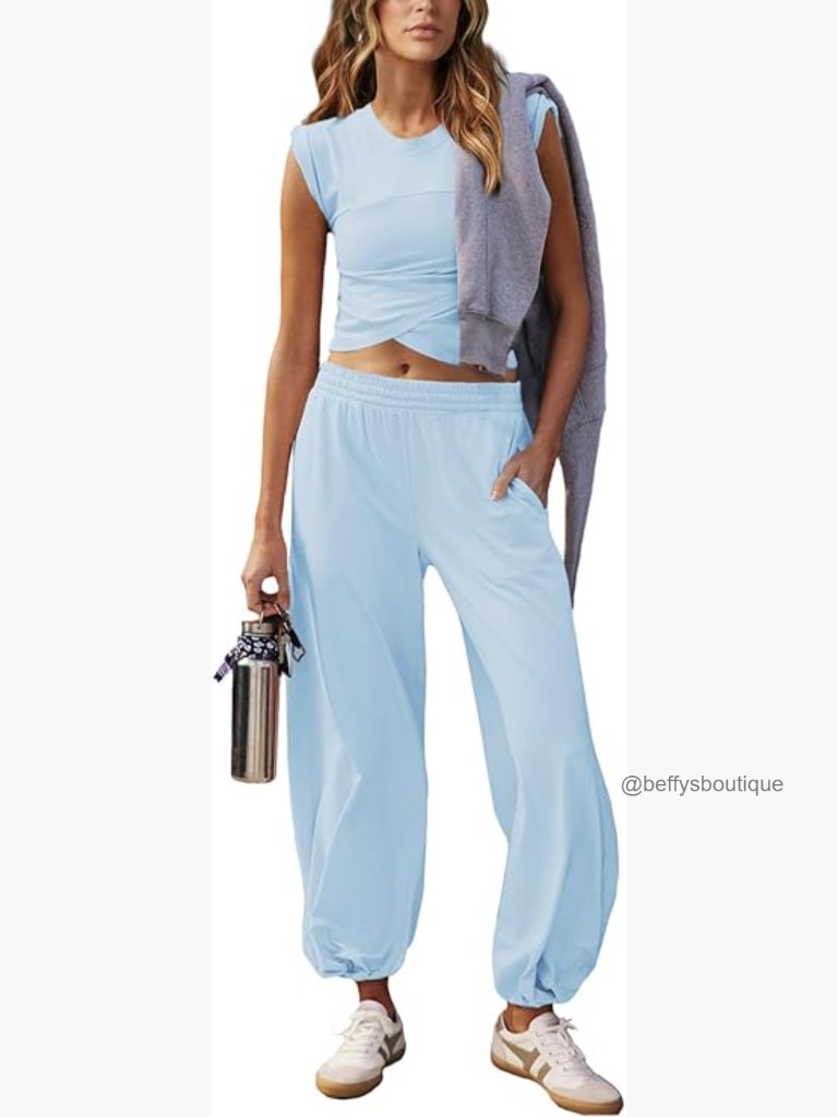 Cropped Tank Top & Jogger Sweatpant Set, Lightweight Cotton Spandex, Pockets
